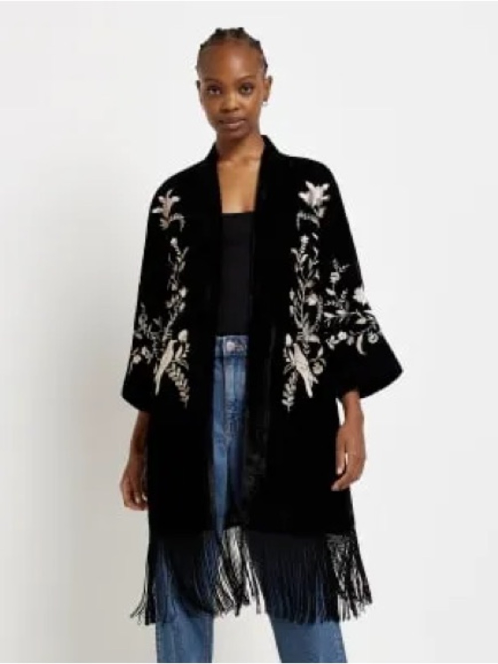 River Island Black Velvet Embroidered Fringe Kimono Jacket UK10